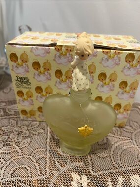 Precious Moments Frosted Pale Green Heart Bottle with Figurine Topper